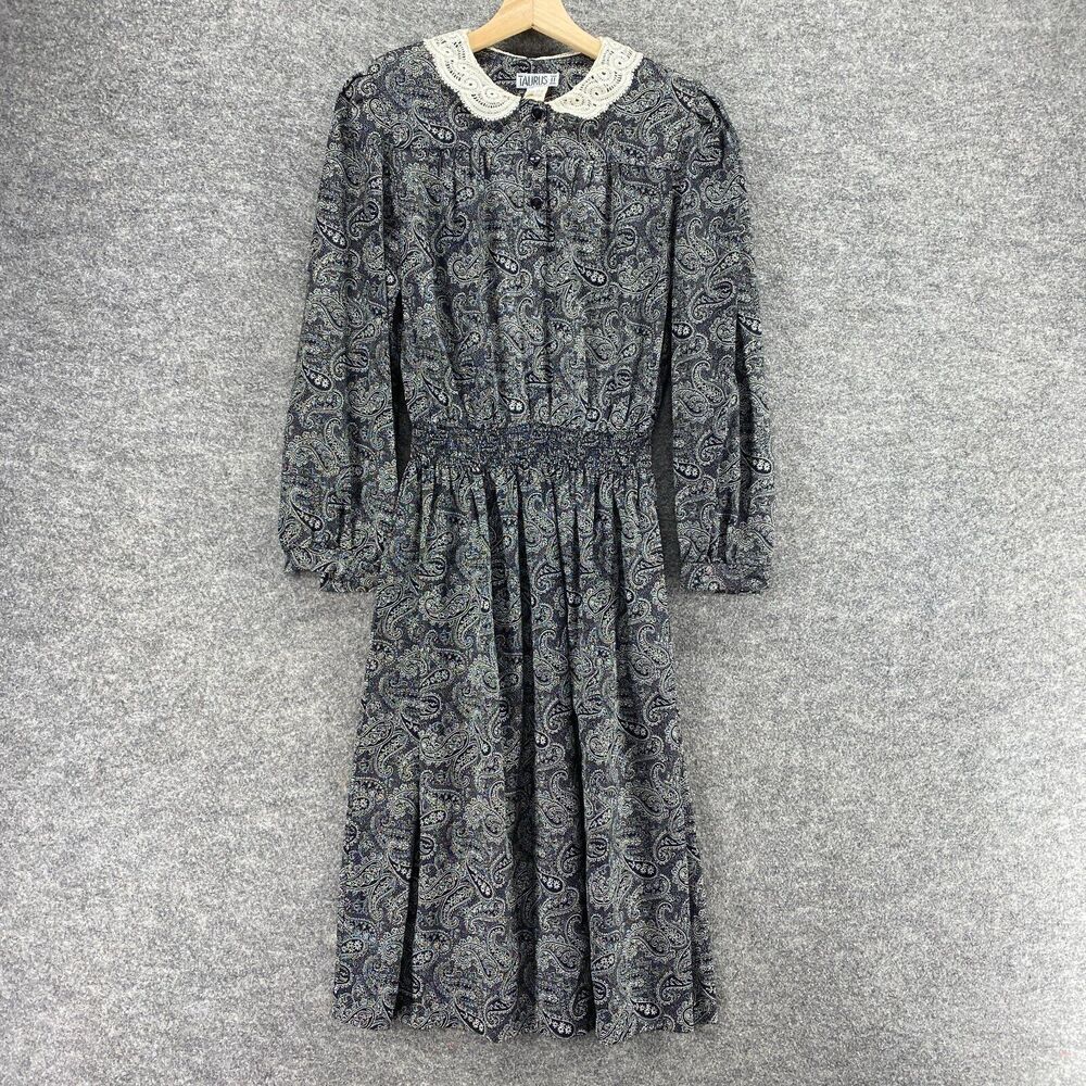 Taurus II Dress Women 10 Black Paisley Maxi Long Elastic Waist Collared Button
